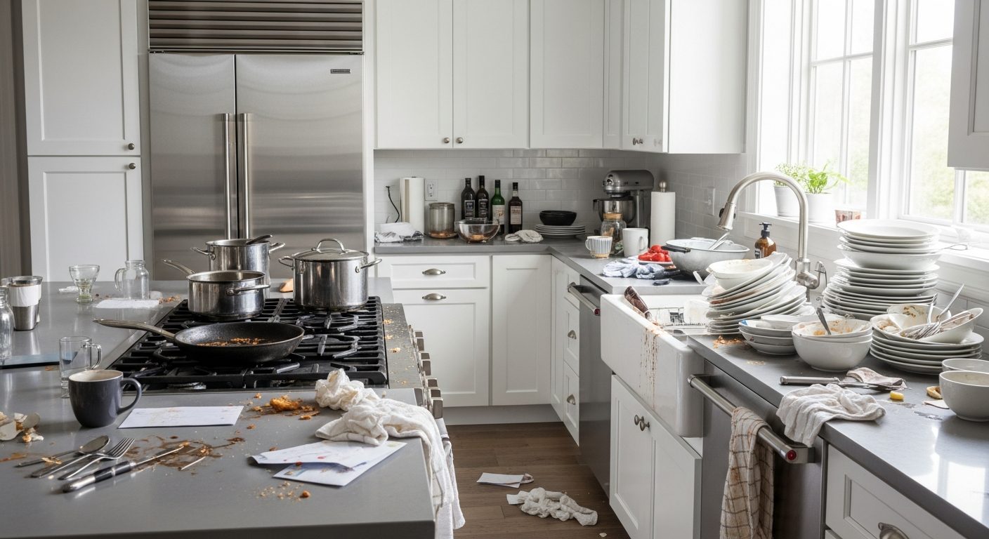 Messy kitchen before Trusted Maids cleaning