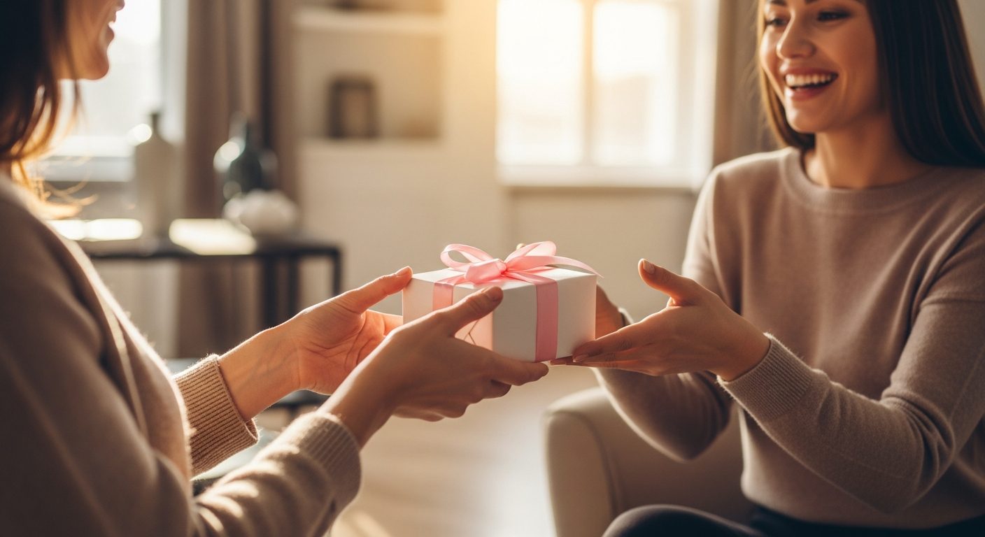 Woman giving a wrapped gift to her friend